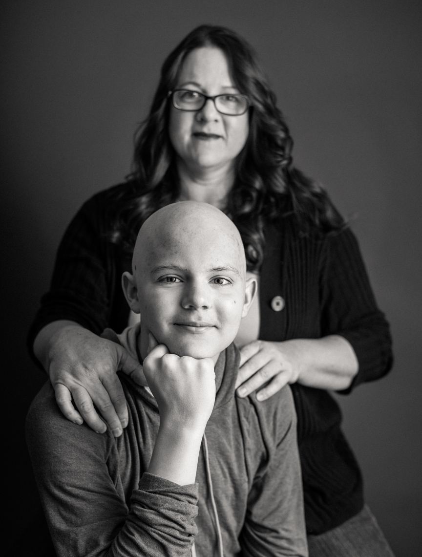 Flashes of Hope, portrait of a mother and her teen son who is battling cancer. Family support, smiling, strength, positive, power, Predator
