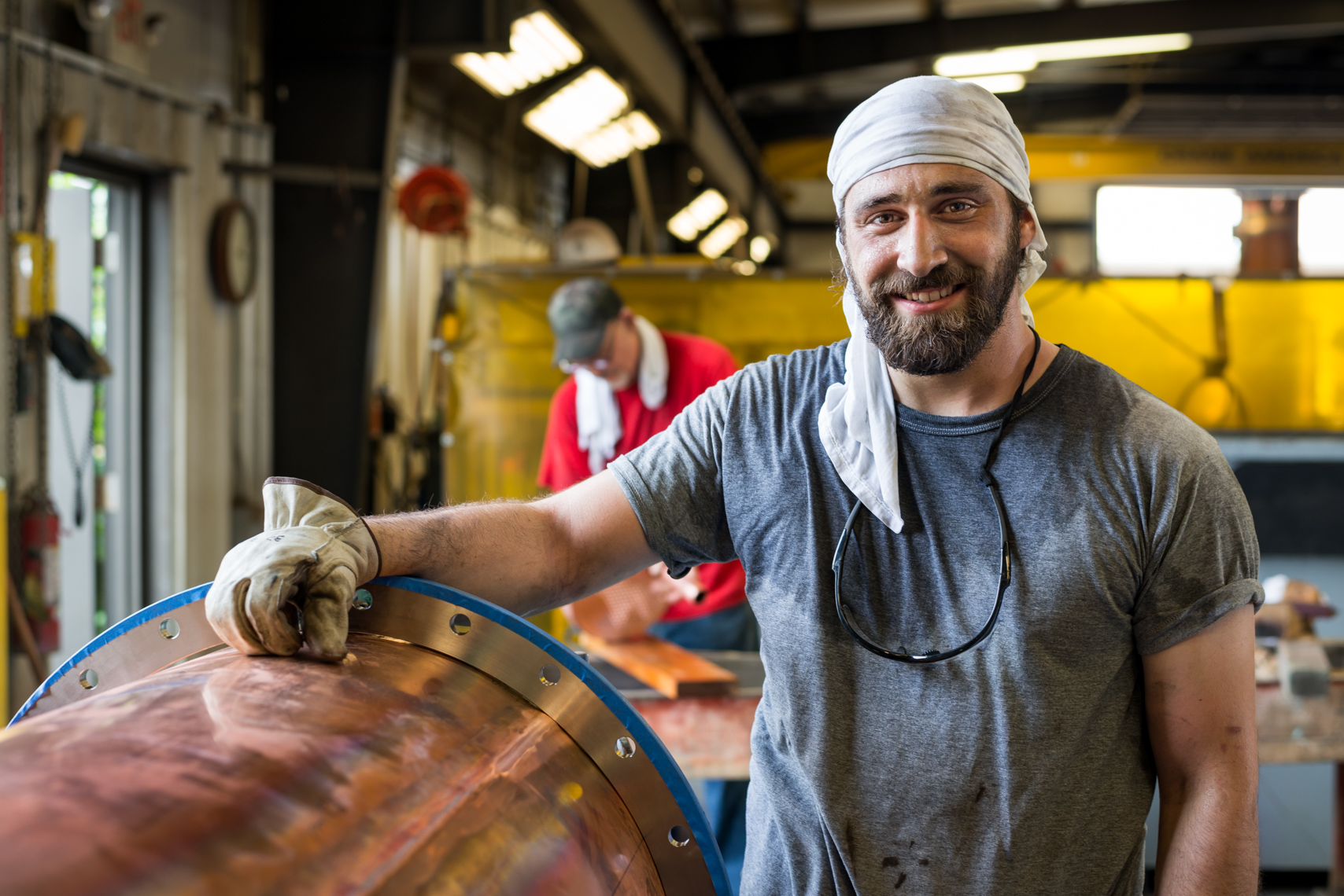 Vendome Copper Works in Louisville, KY | Alcohol, Bourbon, copper, craftsmanship, distillation, Distillery, equipment, factory, job, Kentucky, lift, liquor, Louisville, man, manufacturing, material, men, metal, moving, raw, safety, sheet, sheetmetal, still, sweat, Whiskey, whisky, work, worker, sweating, taking a break while working on a copper still