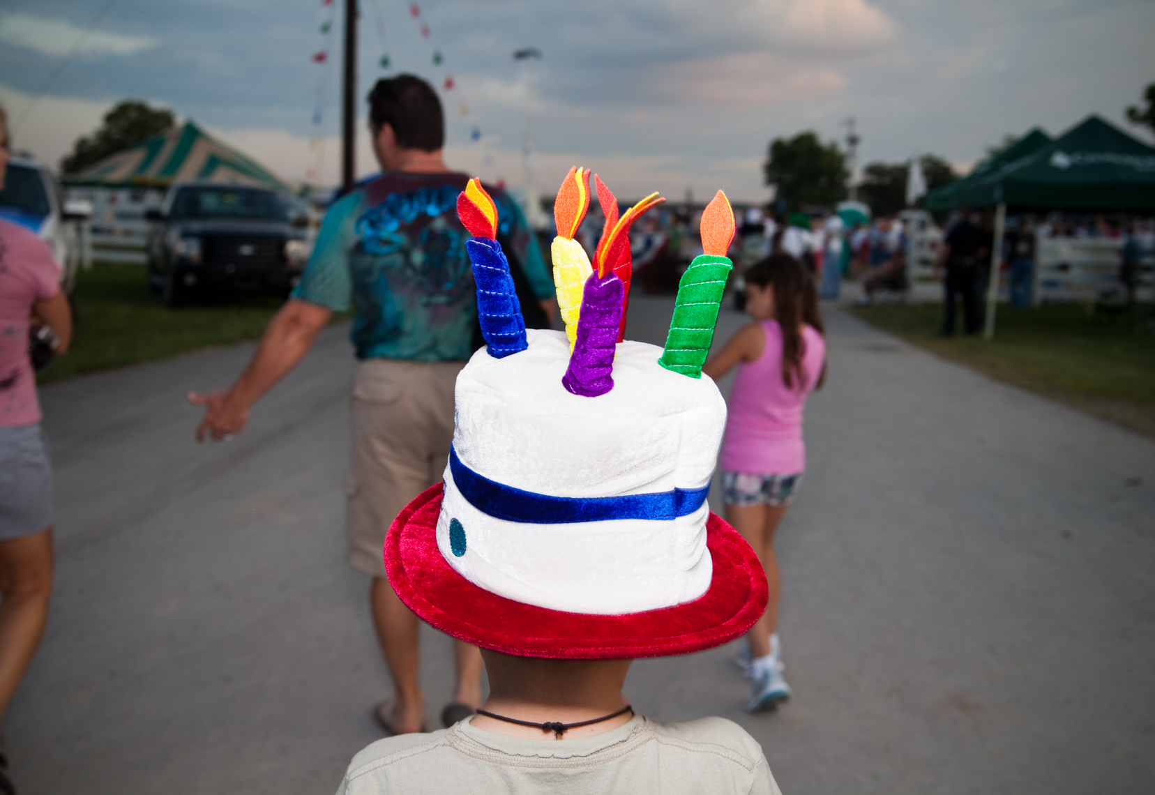 Boy with cake and candles hat, costume, Wilson County Fair, Lebanon, Tennessee, carnival, amusement park, rural south