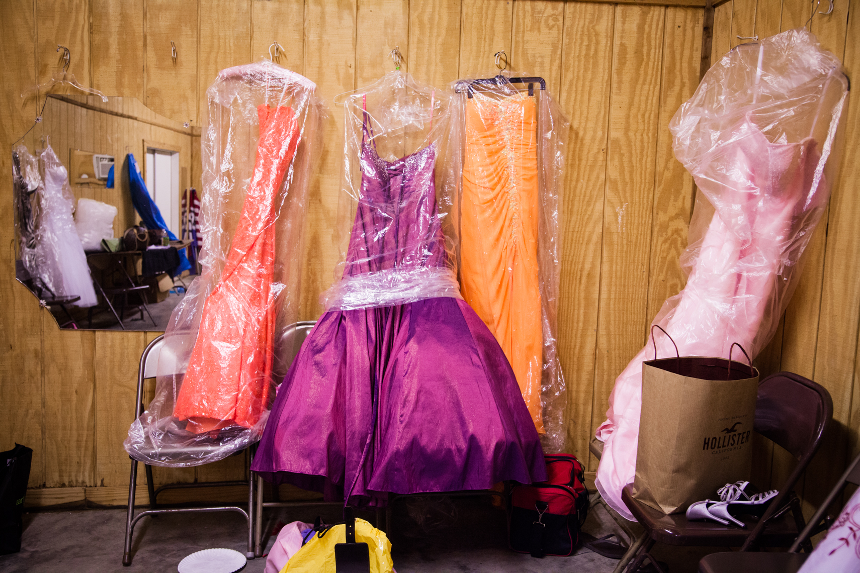 Beauty pageant contestant gowns, dresses, broken mirror, Wilson County Fair, Lebanon, Tennessee